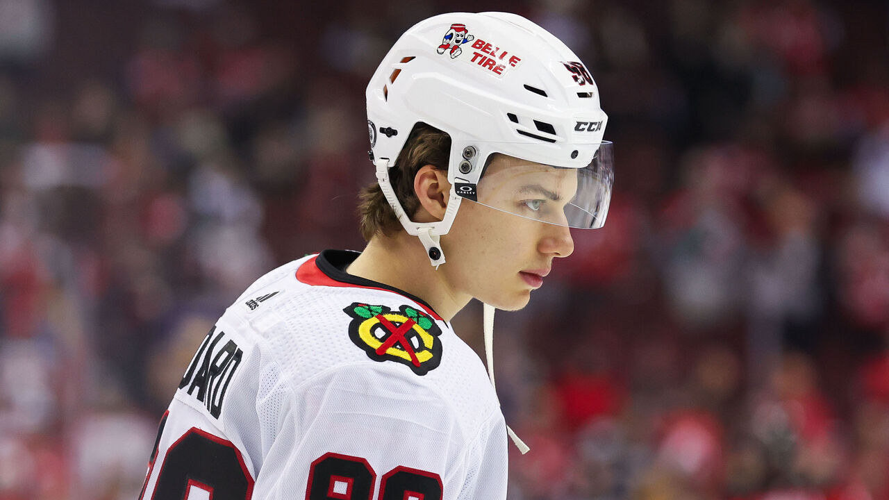 NEWARK, NJ - JANUARY 05: Chicago Blackhawks center Connor Bedard (98) warms up before a game between the Chicago Blackhawks and New Jersey Devils on January 05, 2024 at Prudential Center in the Newark, New Jersey.