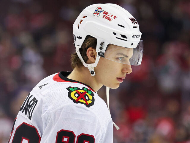NEWARK, NJ - JANUARY 05: Chicago Blackhawks center Connor Bedard (98) warms up before a game between the Chicago Blackhawks and New Jersey Devils on January 05, 2024 at Prudential Center in the Newark, New Jersey.