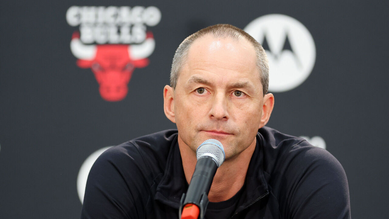 CHICAGO, ILLINOIS - OCTOBER 02: Executive Vice President of Basketball Operations Arturas Karnisovas of the Chicago Bulls answers questions from reporters during Media Day at Advocate Center on October 02, 2023 in Chicago, Illinois.