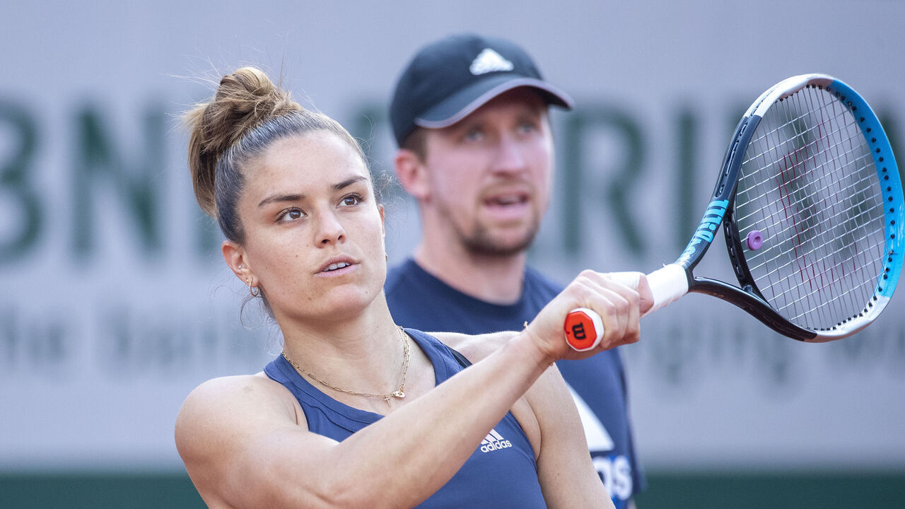 PARIS, FRANCE May 17. Maria Sakkari of Greece with coach Tom Hill during practice on Court Suzanne Lenglen in preparation for the 2022 French Open Tennis Tournament at Roland Garros on May 17th 2022 in Paris, France.
