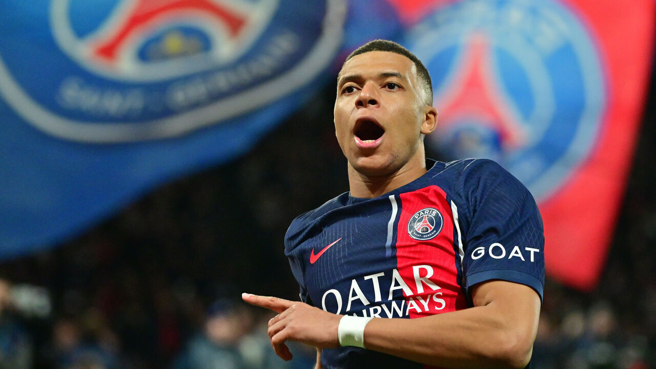 PARIS, FRANCE - FEBRUARY 14Kylian Mbappe of PSG celebrates after scoring his team's first goal during the UEFA Champions League 2023/24 round of 16 first leg match between Paris Saint-Germain and Real Sociedad at Parc des Princes on February 14, 2024 in Paris, France.