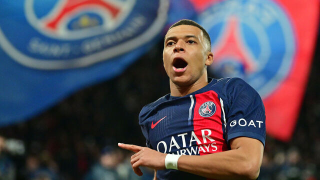 PARIS, FRANCE - FEBRUARY 14Kylian Mbappe of PSG celebrates after scoring his team's first goal during the UEFA Champions League 2023/24 round of 16 first leg match between Paris Saint-Germain and Real Sociedad at Parc des Princes on February 14, 2024 in Paris, France.