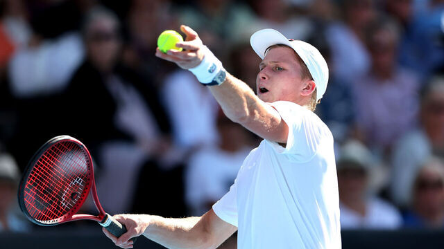 AUCKLAND, NEW ZEALAND - JANUARY 13: Jenson Brooksby of the USA serves in his mens singles semi final against Cameron Norrie of Great Britain during day five of the 2023 ASB Classic Men's at the ASB Tennis Arena on January 13, 2023 in Auckland, New Zealand.
