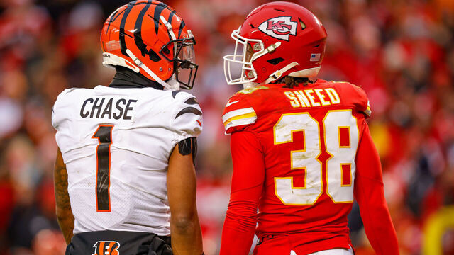 KANSAS CITY, MISSOURI - DECEMBER 31: JaMarr Chase #1 of the Cincinnati Bengals and L'Jarius Sneed #38 of the Kansas City Chiefs exchange words after a second quarter play at GEHA Field at Arrowhead Stadium on December 31, 2023 in Kansas City, Missouri.