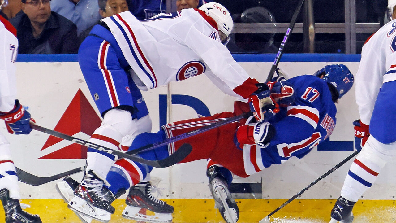 NEW YORK, NEW YORK - FEBRUARY 15: Blake Wheeler #17 of the New York Rangers is injured during the first period on a check by Jayden Struble #47 of the Montreal Canadiens at Madison Square Garden on February 15, 2024 in New York City.