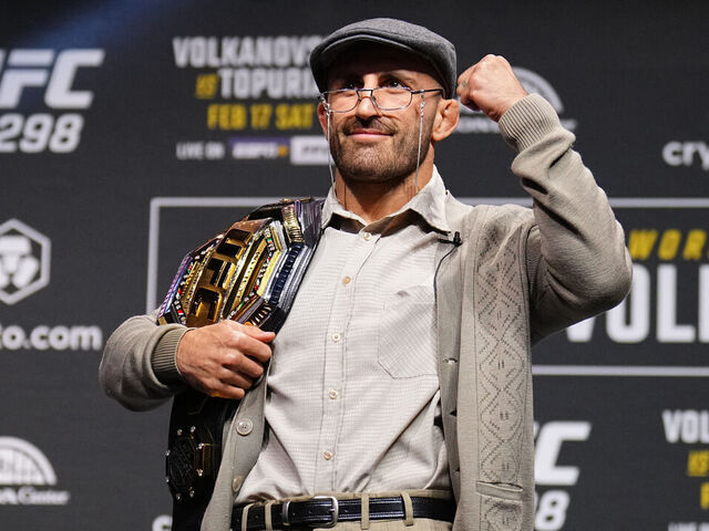 ANAHEIM, CALIFORNIA - FEBRUARY 15: Alexander Volkanovski of Australia is seen on stage during the UFC 298 press conference at Honda Center on February 15, 2024 in Anaheim, California.
