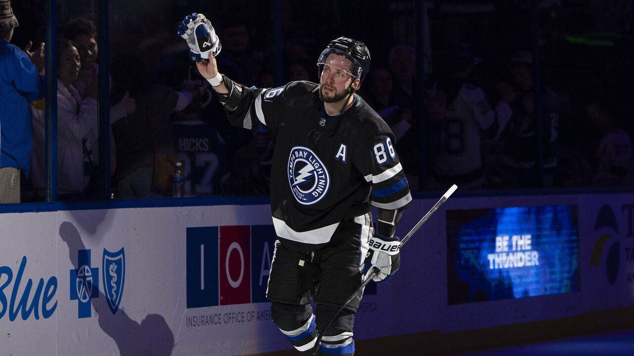 TAMPA, FL - FEBRUARY 15: Nikita Kucherov #86 of the Tampa Bay Lightning celebrates the win against the Colorado Avalanche at Amalie Arena on February 15, 2024 in Tampa, Florida.