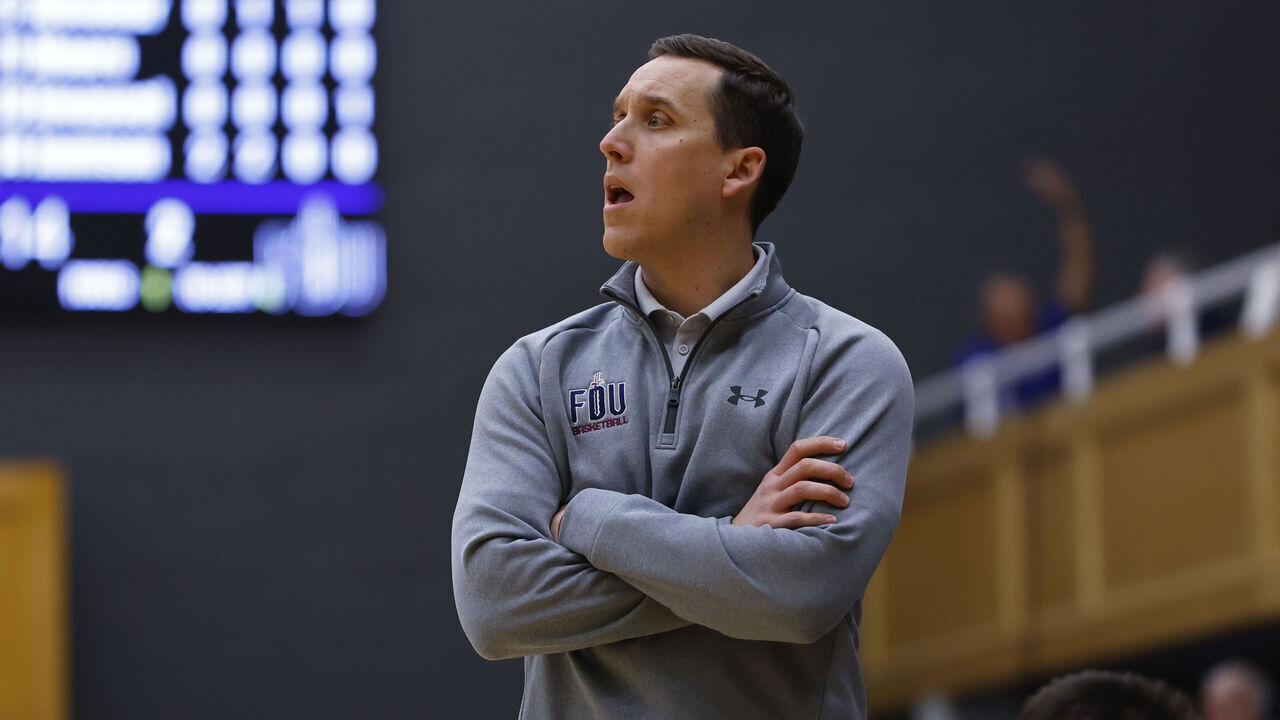 SOUTH ORANGE, NEW JERSEY - NOVEMBER 11: Head coach Jack Castleberry of the Fairleigh Dickinson Knights looks on during the first half of a game against the Seton Hall Pirates at Walsh Gym on November 11, 2023 in South Orange, New Jersey. Seton Hall defeated FDU 85-55.