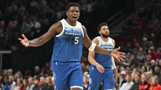 PORTLAND, OREGON - FEBRUARY 15: Anthony Edwards #5 of the Minnesota Timberwolves reacts during the first quarter of the game against the Portland Trail Blazers at the Moda Center on February 15, 2024 in Portland, Oregon.