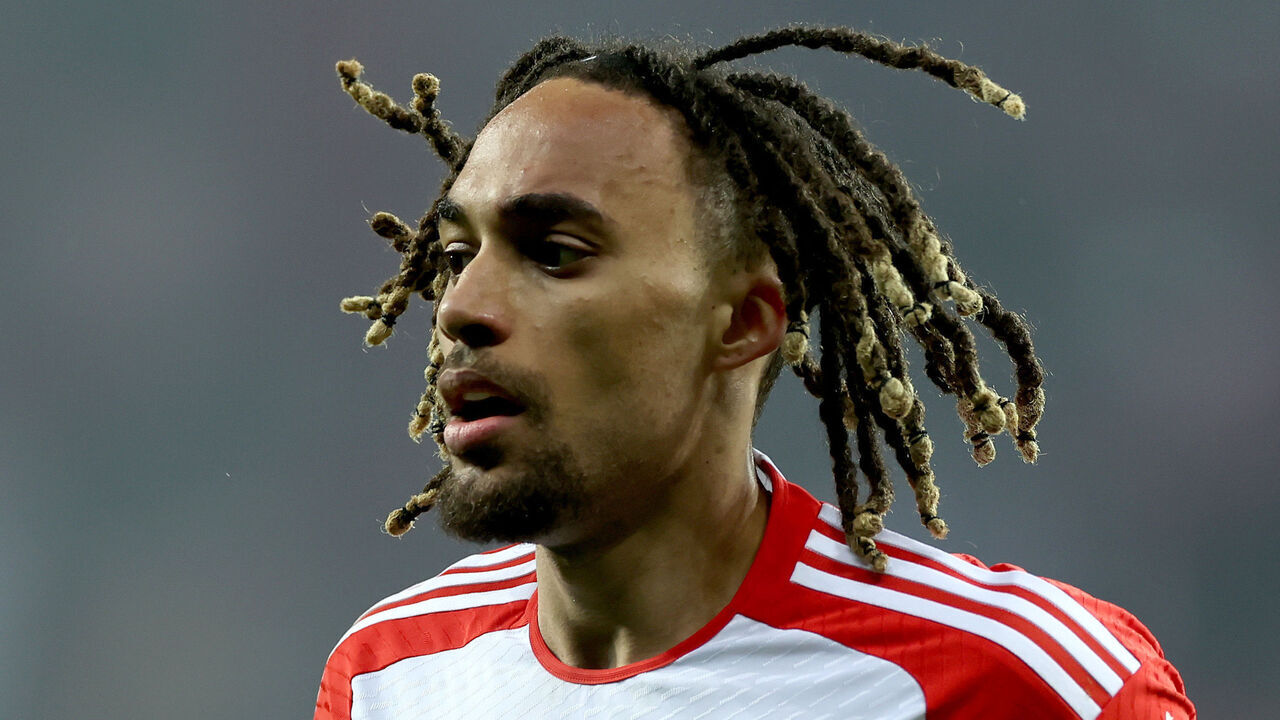 LEVERKUSEN, GERMANY - FEBRUARY 10: Sacha Boey of Muenchen is seen during the Bundesliga match between Bayer 04 Leverkusen and FC Bayern München at BayArena on February 10, 2024 in Leverkusen, Germany.