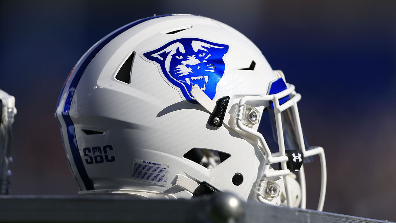 ATLANTA, GA - NOVEMBER 28: A GSU helmet on the sidelines during the college football game between the Georgia State Panthers and the Georgia Southern Eagles on November 28, 2020 at Center Parc Stadium in Atlanta, GA.