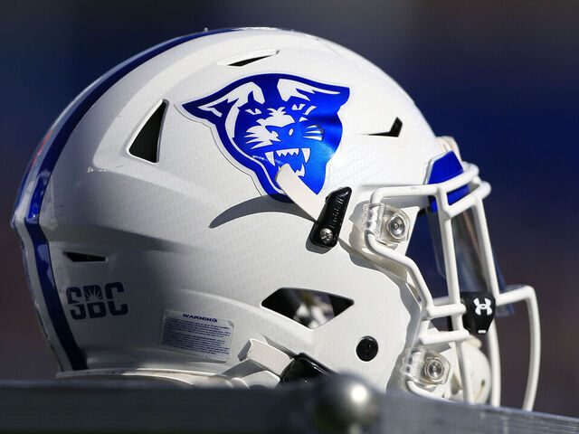 ATLANTA, GA - NOVEMBER 28: A GSU helmet on the sidelines during the college football game between the Georgia State Panthers and the Georgia Southern Eagles on November 28, 2020 at Center Parc Stadium in Atlanta, GA.