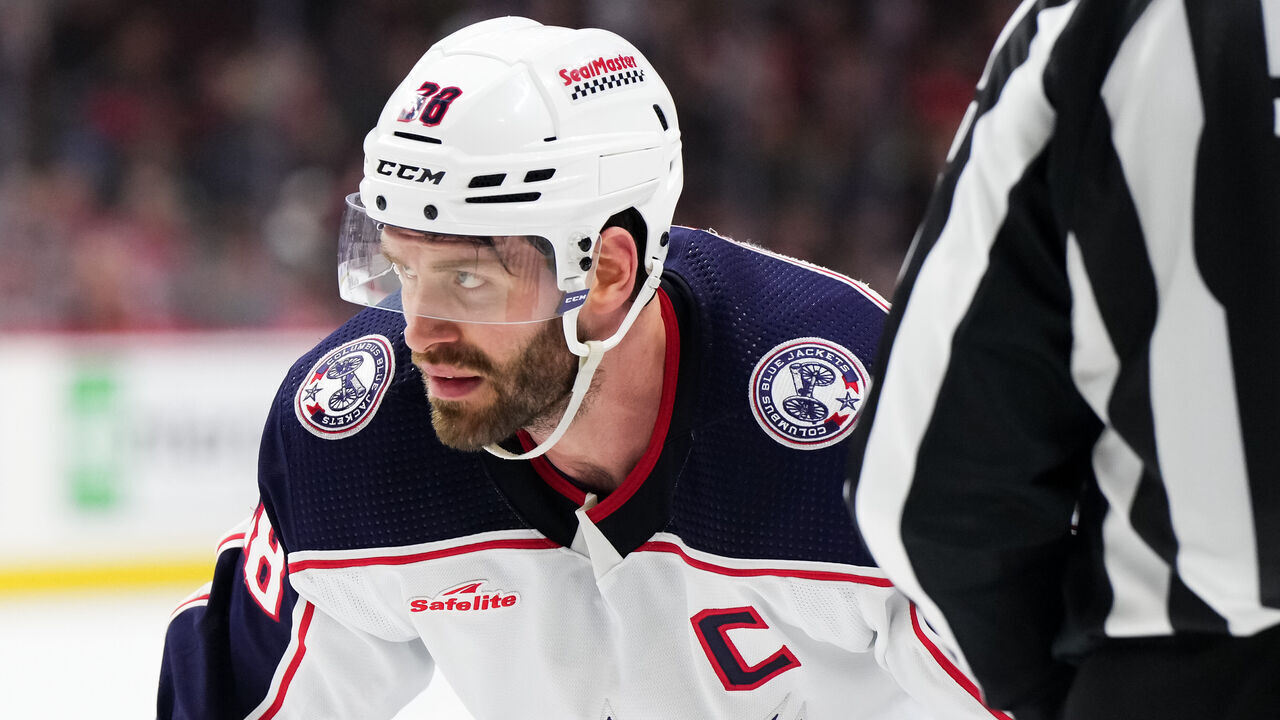 OTTAWA, CANADA - FEBRUARY 13: Boone Jenner #38 of the Columbus Blue Jackets prepares for a faceoff against the Ottawa Senators at Canadian Tire Centre on February 13, 2024 in Ottawa, Ontario, Canada.