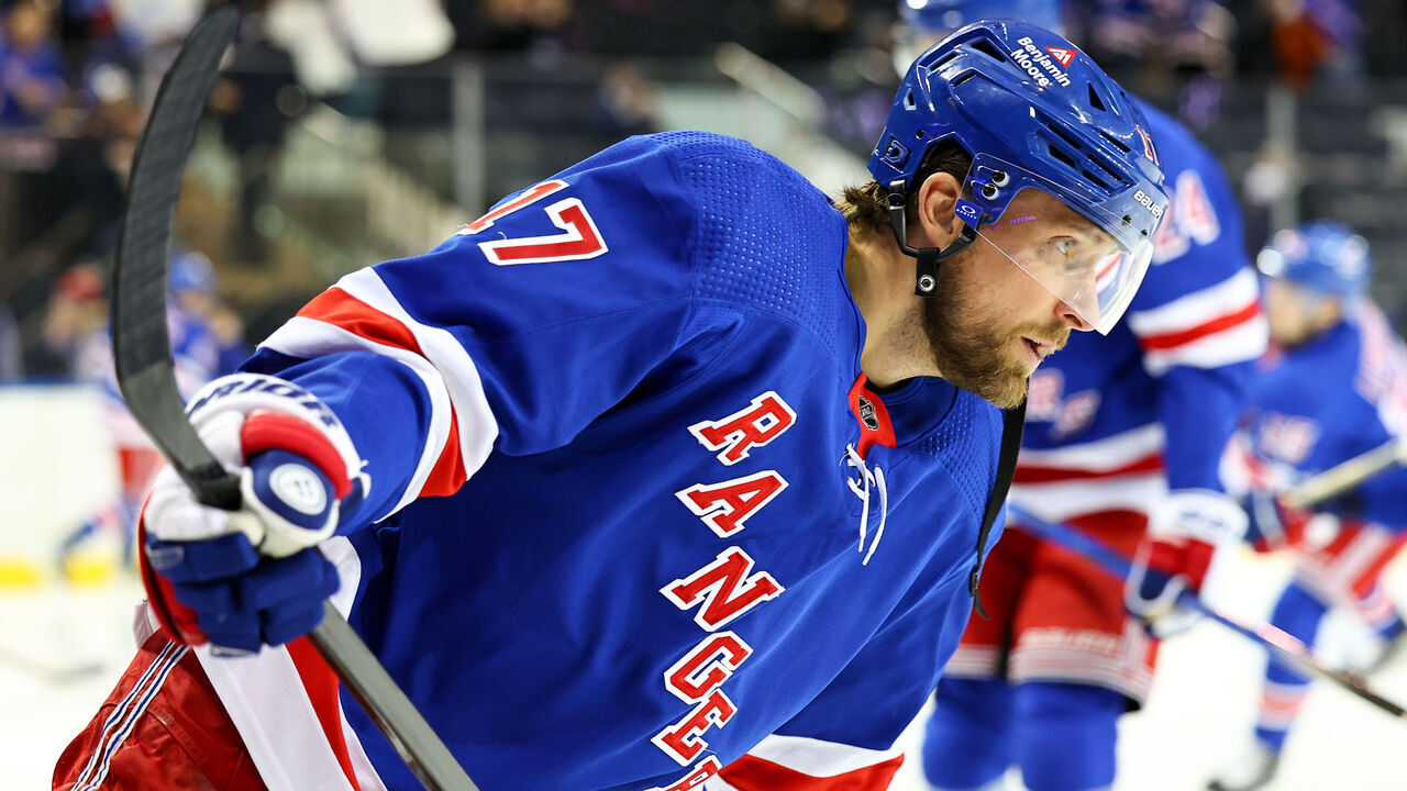 NEW YORK, NY - FEBRUARY 05: Blake Wheeler #17 of the New York Rangers skates during warm up prior to the game against the Colorado Avalanche on February 5, 2024 at the Madison Square Garden in New York City.