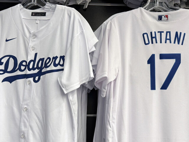 MONTEBELLO, CALIFORNIA - Jan 11: A view of women's jerseys of Los Angeles Dodgers player Shohei Ohtani (17) at the Dodgers Clubhouse store at The Shops at Montebello mall on January 11, 2024 in Montebello, California.