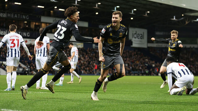 WEST BROMWICH, ENGLAND - FEBRUARY 16: David Brooks of Southampton celebrates scoring his team's second goal with teammate Samuel Edozie during the Sky Bet Championship match between West Bromwich Albion and Southampton FC at The Hawthorns on February 16, 2024 in West Bromwich, England.