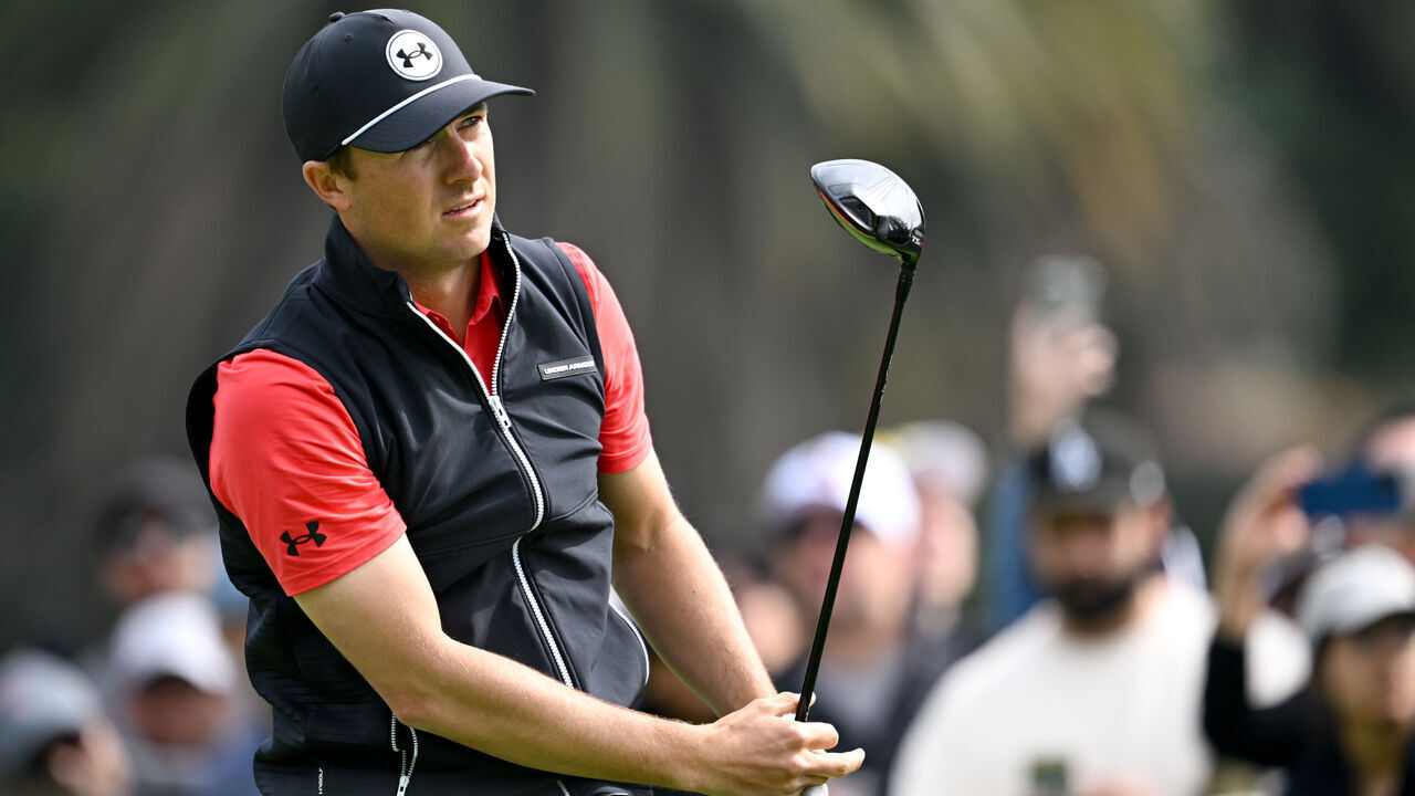 Pacific Palisades, CA - February 16:Jordan Spieth watches his tee shot on the second hole in round 2 of the Genesis Invitational at the Riviera Country Club in Pacific Palisades on Friday, February 16, 2024.