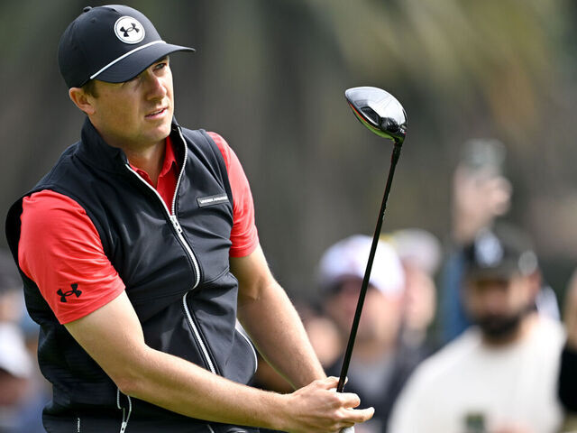 Pacific Palisades, CA - February 16:Jordan Spieth watches his tee shot on the second hole in round 2 of the Genesis Invitational at the Riviera Country Club in Pacific Palisades on Friday, February 16, 2024.