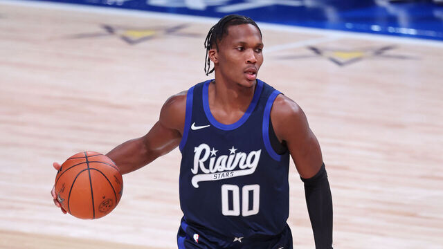 INDIANAPOLIS, IN - FEBRUARY 16: Bennedict Mathurin #00 of Team Jalen dribbles the ball during the Rising Stars Game against Team Detlef as part of NBA All-Star Weekend on Friday, February 16, 2024 at Gainbridge Fieldhouse in Indianapolis, Indiana. NOTE TO USER: User expressly acknowledges and agrees that, by downloading and/or using this Photograph, user is consenting to the terms and conditions of the Getty Images License Agreement. Mandatory Copyright Notice: Copyright 2024 NBAE