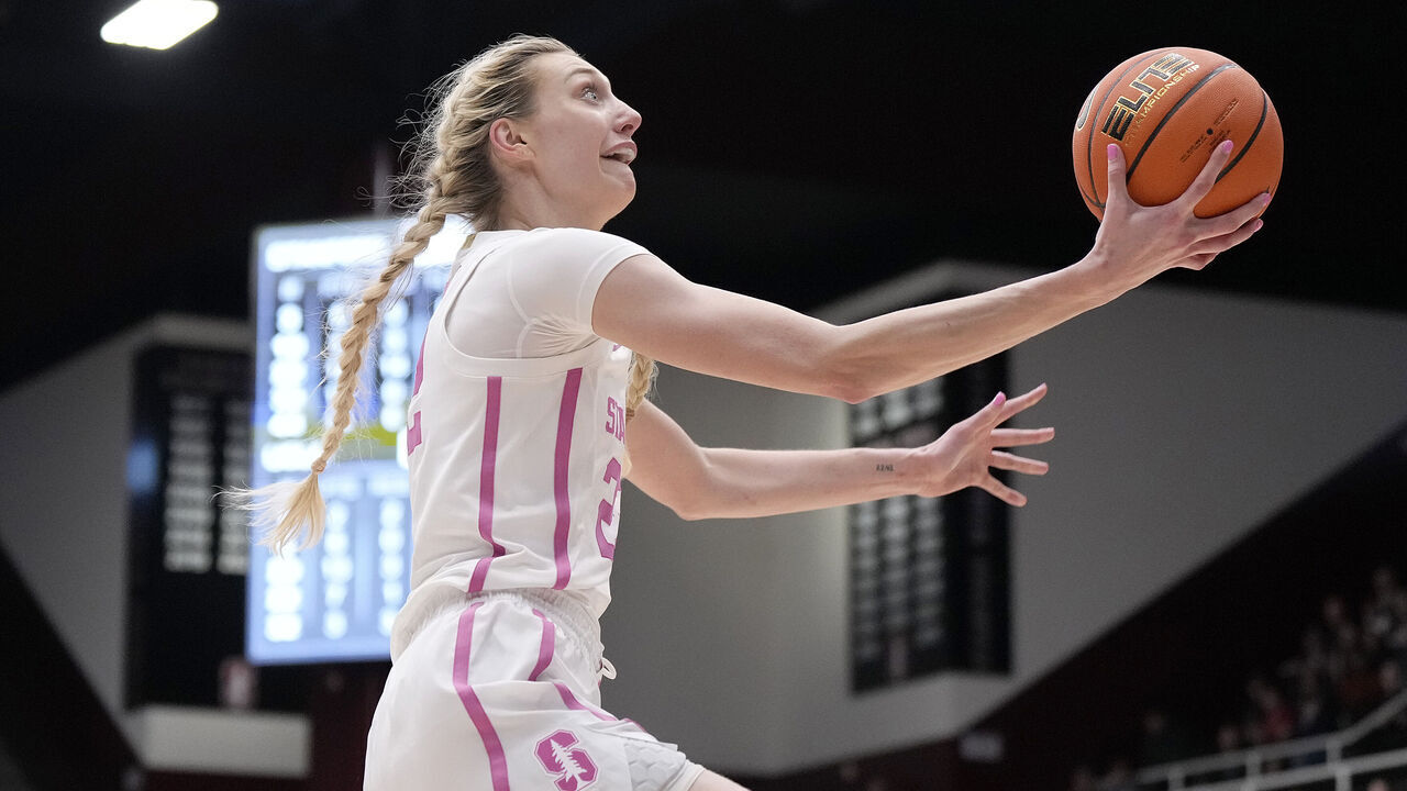 PALO ALTO, CALIFORNIA - FEBRUARY 04: Cameron Brink #22 of the Stanford Cardinal goes in for a layup on a fast break against the UCLA Bruins during the fourth quarter at Stanford Maples Pavilion on February 04, 2024 in Palo Alto, California.
