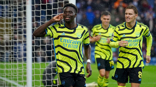 Arsenal's Bukayo Saka celebrates scoring their side's third goal of the game during the Premier League match at Turf Moor, Burnley. Picture date: Saturday February 17, 2024.