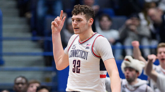 HARTFORD, CT - FEBRUARY 06: UConn Huskies center Donovan Clingan (32) celebrates after a score during the men's college basketball game between the Butler Bulldogs and UConn Huskies on February 6, 2024, at the XL Center in Hartford, CT.