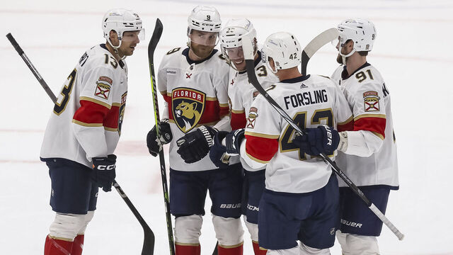 TAMPA, FL - FEBRUARY 17: The Florida Panthers celebrate a goal against the Tampa Bay Lightning during the first period at Amalie Arena on February 17, 2024 in Tampa, Florida.