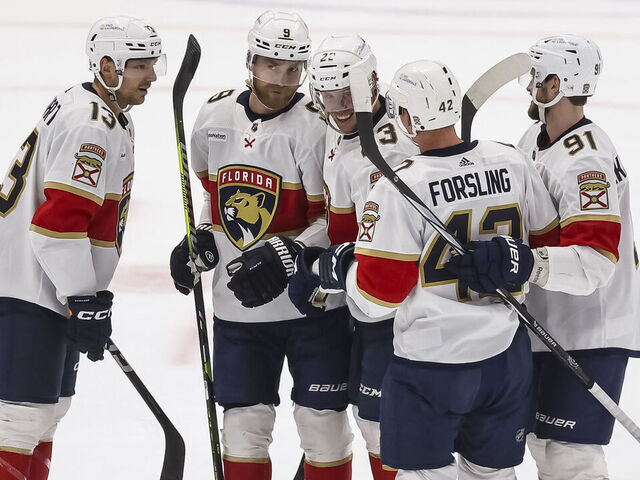 TAMPA, FL - FEBRUARY 17: The Florida Panthers celebrate a goal against the Tampa Bay Lightning during the first period at Amalie Arena on February 17, 2024 in Tampa, Florida.