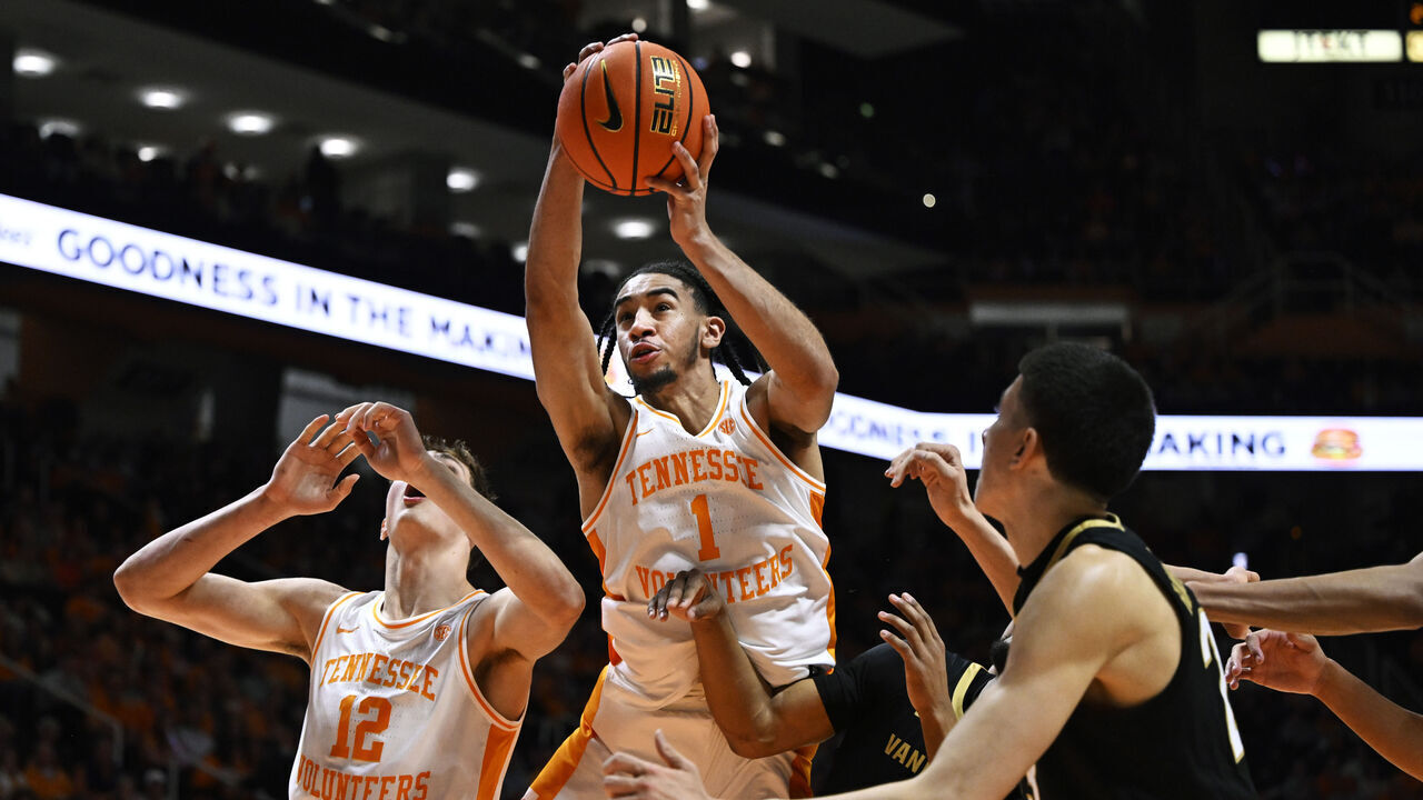 KNOXVILLE, TENNESSEE - FEBRUARY 17: Freddie Dilione V #1 of the Tennessee Volunteers catches a rebound against the Vanderbilt Commodores in the second half at Thompson-Boling Arena on February 17, 2024 in Knoxville, Tennessee.