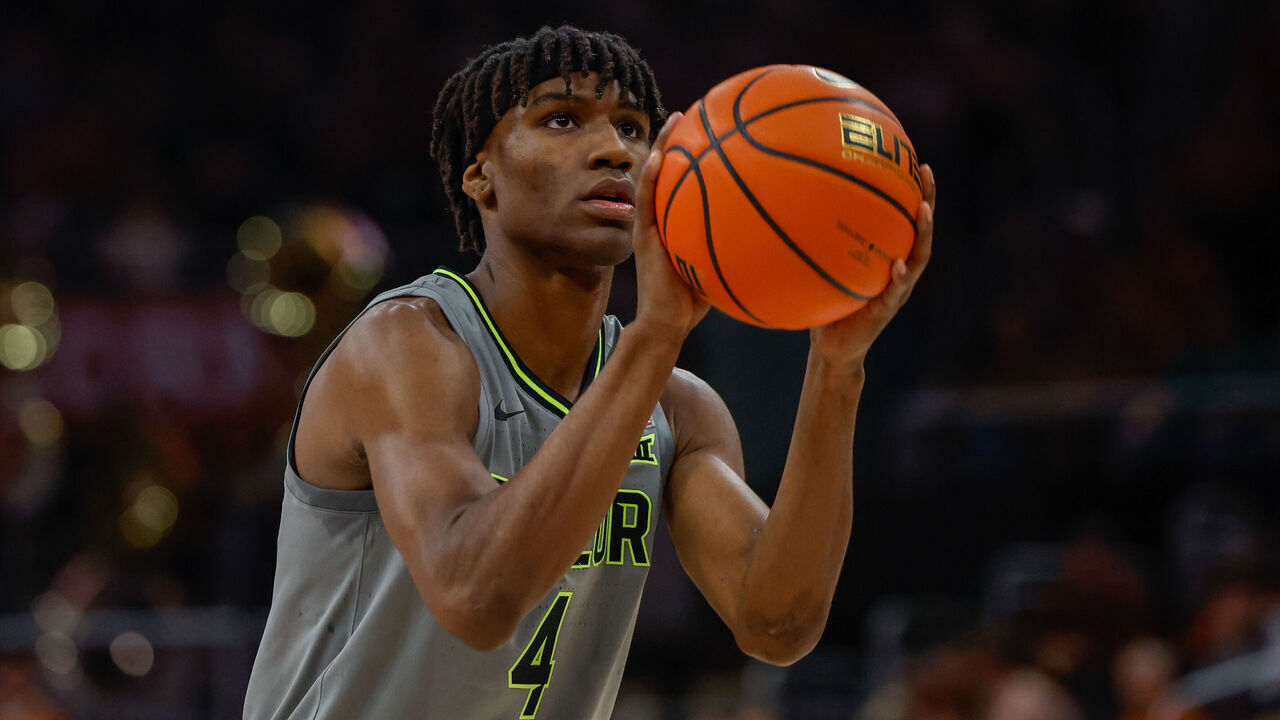 AUSTIN, TX - JANUARY 20: Baylor Bears guard Ja'Kobe Walter (4) takes a free throw during the Big 12 college basketball game between Texas Longhorns and Baylor Bears on January 20, 2024, at Moody Center in Austin, Texas.