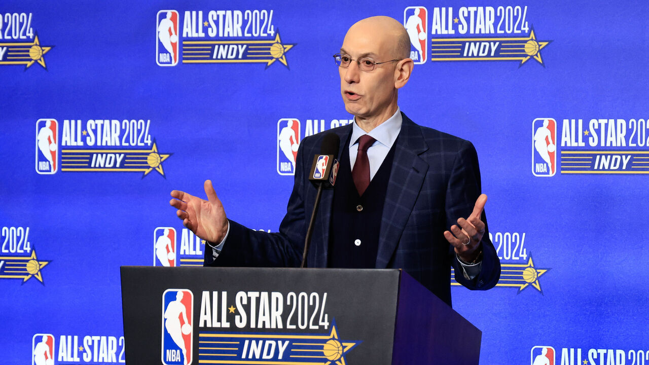 INDIANAPOLIS, INDIANA - FEBRUARY 17: NBA Commissioner Adam Silver speaks to the media at Lucas Oil Stadium on February 17, 2024 in Indianapolis, Indiana.