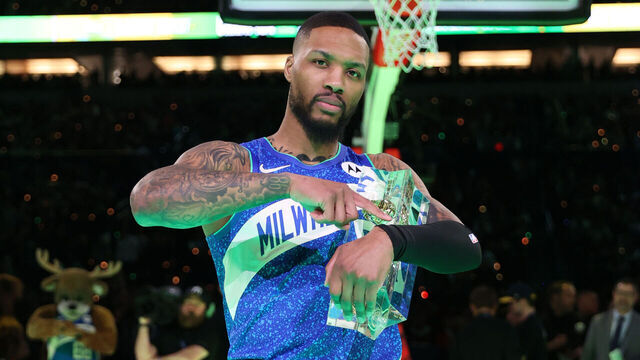 INDIANAPOLIS, IN - FEBRUARY 17: Damian Lillard #0 of the Milwaukee Bucks poses for a photo after winning the Starry 3 point contest during the State Farm All-Star Saturday Night as part of NBA All-Star Weekend on Saturday, February 17, 2024 at Lucas Oil Stadium in Indianapolis, Indiana. NOTE TO USER: User expressly acknowledges and agrees that, by downloading and/or using this Photograph, user is consenting to the terms and conditions of the Getty Images License Agreement. Mandatory Copyright Notice: Copyright 2024 NBAE