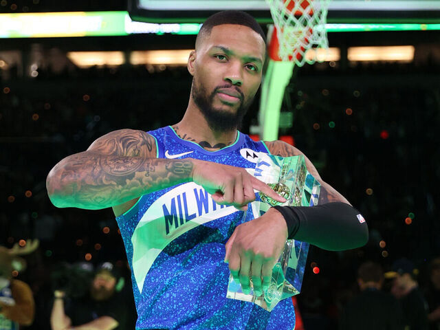 INDIANAPOLIS, IN - FEBRUARY 17: Damian Lillard #0 of the Milwaukee Bucks poses for a photo after winning the Starry 3 point contest during the State Farm All-Star Saturday Night as part of NBA All-Star Weekend on Saturday, February 17, 2024 at Lucas Oil Stadium in Indianapolis, Indiana. NOTE TO USER: User expressly acknowledges and agrees that, by downloading and/or using this Photograph, user is consenting to the terms and conditions of the Getty Images License Agreement. Mandatory Copyright Notice: Copyright 2024 NBAE