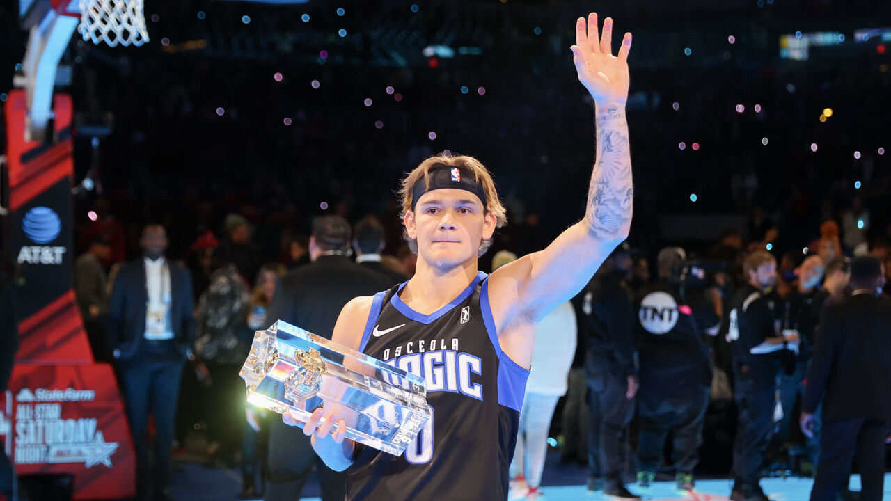 INDIANAPOLIS, INDIANA - FEBRUARY 17: Mac McClung #0 of the Osceola Magic celebrates after winning the 2024 AT&T Slam Dunk contest during the State Farm All-Star Saturday Night at Lucas Oil Stadium on February 17, 2024 in Indianapolis, Indiana.