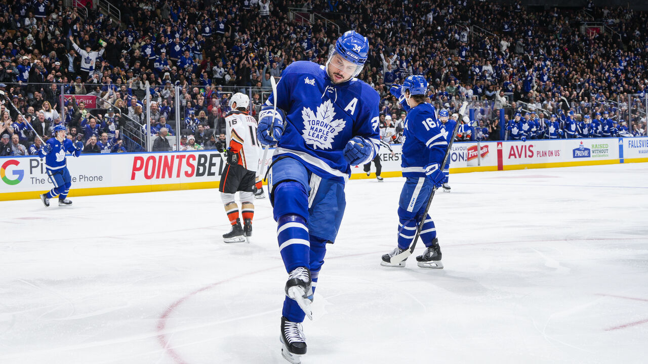 TORONTO, ON - FEBRUARY 17: Auston Matthews #34 of the Toronto Maple Leafs celebrates his goal against the Anaheim Ducks during the first period at Scotiabank Arena on February 17, 2024 in Toronto, Ontario, Canada.