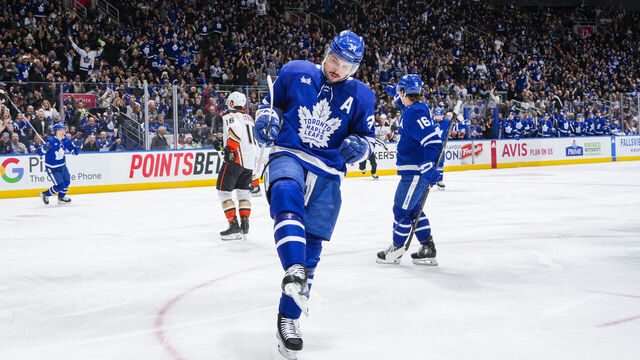 TORONTO, ON - FEBRUARY 17: Auston Matthews #34 of the Toronto Maple Leafs celebrates his goal against the Anaheim Ducks during the first period at Scotiabank Arena on February 17, 2024 in Toronto, Ontario, Canada.