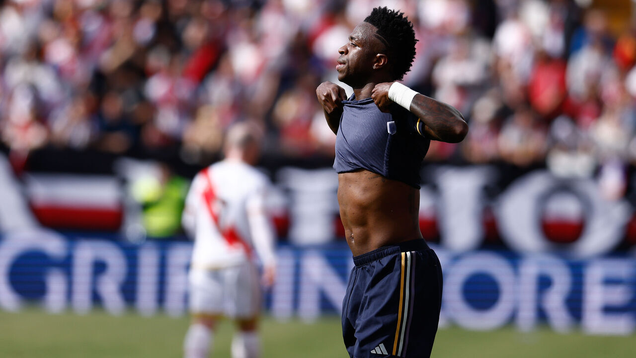 MADRID, SPAIN - FEBRUARY 18: Vinicius Junior of Real Madrid laments during the Spanish League, LaLiga EA Sports, football match played between Rayo Vallecano and Real Madrid at Estadio de Vallecas on February 18, 2024 in Madrid, Spain.