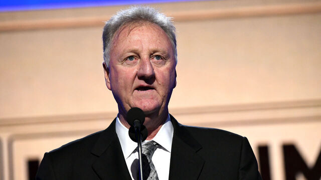 SANTA MONICA, CALIFORNIA - JUNE 24: Larry Bird, winner of the Lifetime Achievement Award, speaks onstage during the 2019 NBA Awards presented by Kia on TNT at Barker Hangar on June 24, 2019 in Santa Monica, California.