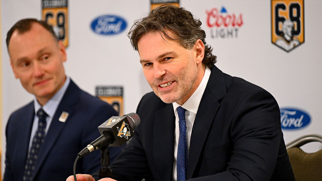 PITTSBURGH, PA - FEBRUARY 18: Jaromir Jagr speaks at a press conference before his jersey retirement ceremony before the game between the Pittsburgh Penguins and the Los Angeles Kings at PPG PAINTS Arena on February 18, 2024 in Pittsburgh, Pennsylvania.