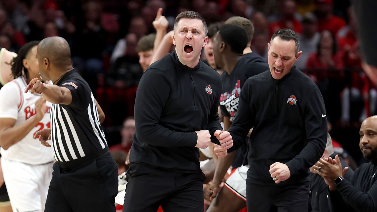 COLUMBUS, OHIO - FEBRUARY 18: Interim head coach Jake Diebler of the Ohio State Buckeyes reacts after his team makes a defensive stop during the first half of the game against the Purdue Boilermakers at Value City Arena on February 18, 2024 in Columbus, Ohio.
