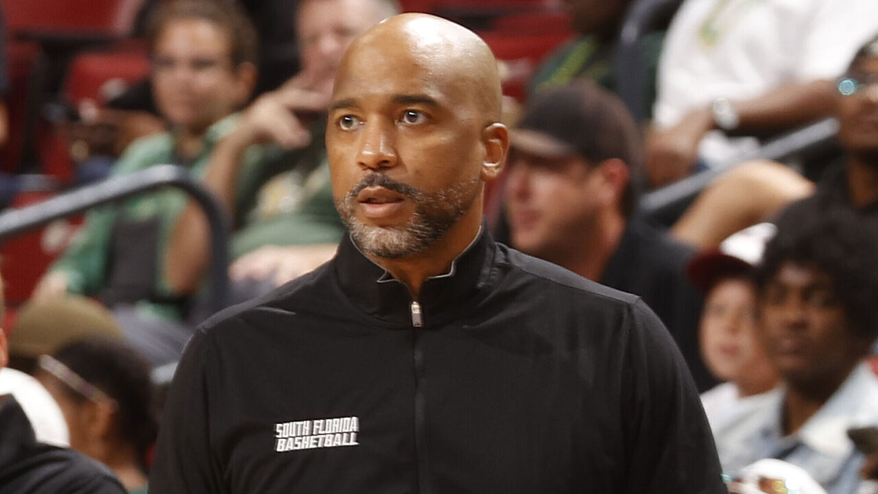 SUNRISE, FL - DECEMBER 9: Head coach Amir Abdur-Rahim of the South Florida Bulls looks on during second half action against the Florida State Seminoles at the Nation Orange Bowl Basketball Classic on December 9, 2023 at the Amerant Bank Arena in Sunrise, Florida.