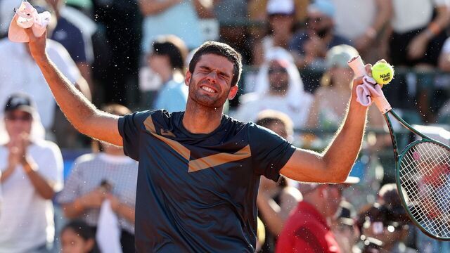 Argentina's Facundo Diaz Acosta celebrates after winning the ATP 250 Argentina Open semi final round tennis match against Argentina's Federico Coria in Buenos Aires on February 17, 2024.
