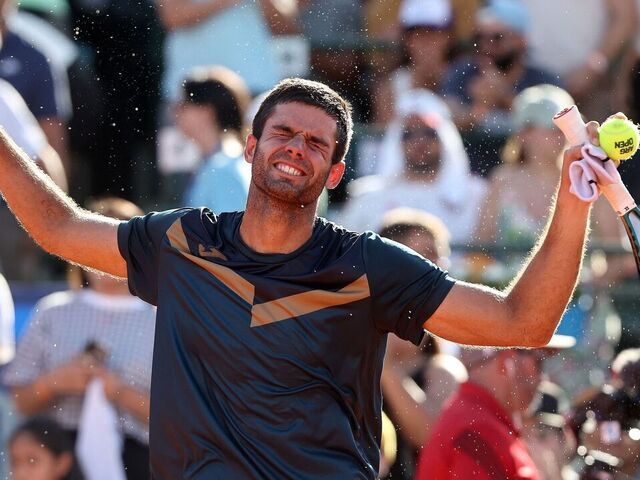 Argentina's Facundo Diaz Acosta celebrates after winning the ATP 250 Argentina Open semi final round tennis match against Argentina's Federico Coria in Buenos Aires on February 17, 2024.