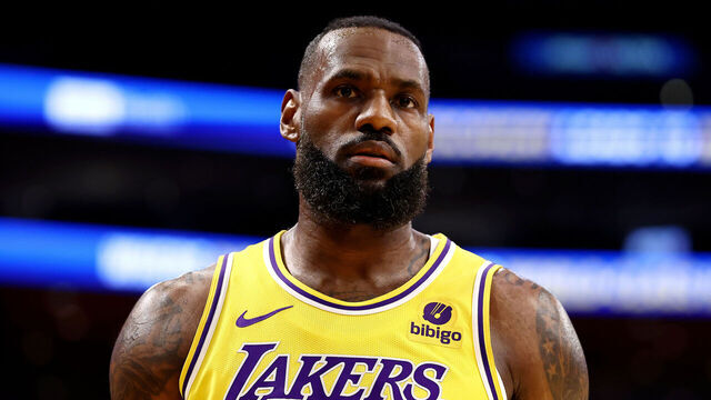 LOS ANGELES, CALIFORNIA - FEBRUARY 13: LeBron James #23 of the Los Angeles Lakers looks on during the first quarter against the Detroit Pistons at Crypto.com Arena on February 13, 2024 in Los Angeles, California.