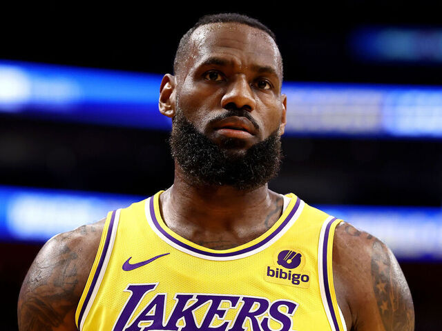 LOS ANGELES, CALIFORNIA - FEBRUARY 13: LeBron James #23 of the Los Angeles Lakers looks on during the first quarter against the Detroit Pistons at Crypto.com Arena on February 13, 2024 in Los Angeles, California.