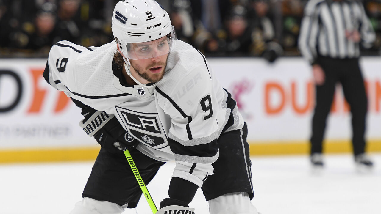 BOSTON, MASSACHUSETTS - FEBRUARY 17: Adrian Kempe #9 of the Los Angeles Kings skates against the Boston Bruins at the TD Garden on February 17, 2024 in Boston, Massachusetts.