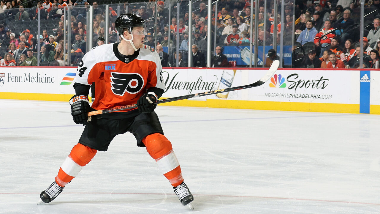 PHILADELPHIA, PENNSYLVANIA - JANUARY 27: Nick Seeler #24 of the Philadelphia Flyers skates against the Boston Bruins at the Wells Fargo Center on January 27, 2024 in Philadelphia, Pennsylvania.