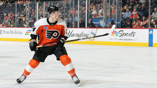 PHILADELPHIA, PENNSYLVANIA - JANUARY 27: Nick Seeler #24 of the Philadelphia Flyers skates against the Boston Bruins at the Wells Fargo Center on January 27, 2024 in Philadelphia, Pennsylvania.
