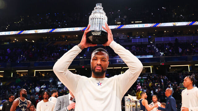 INDIANAPOLIS, INDIANA - FEBRUARY 18: Damian Lillard #0 of the Milwaukee Bucks poses for a photo with the Kobe Bryant All-Star MVP trophy during the 2024 NBA All-Star Game at Gainbridge Fieldhouse on February 18, 2024 in Indianapolis, Indiana.