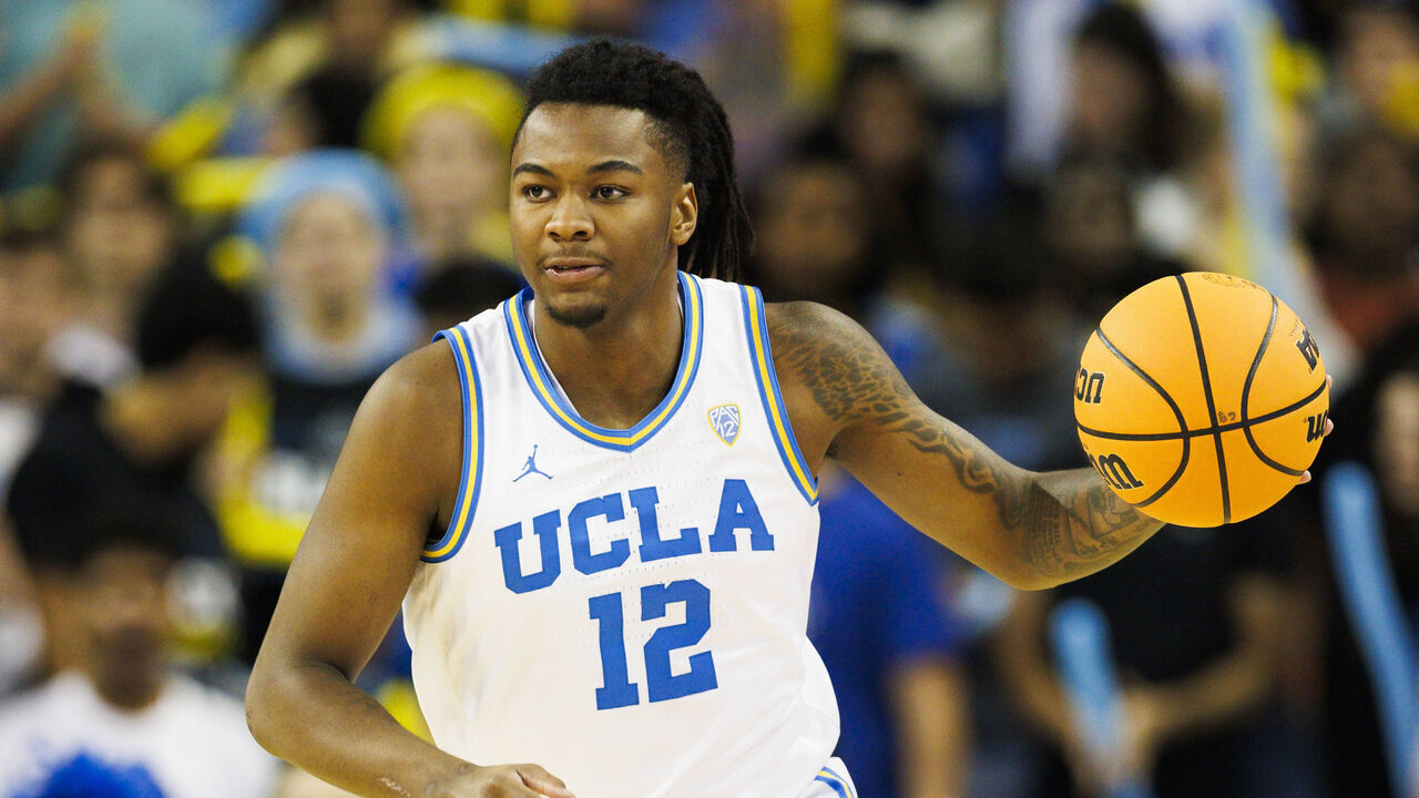 LOS ANGELES, CA - FEBRUARY 03: UCLA Bruins guard Sebastian Mack (12) dribbles during a college basketball game against the Oregon Ducks on February 3, 2024 at Pauley Pavilion in Los Angeles, CA.